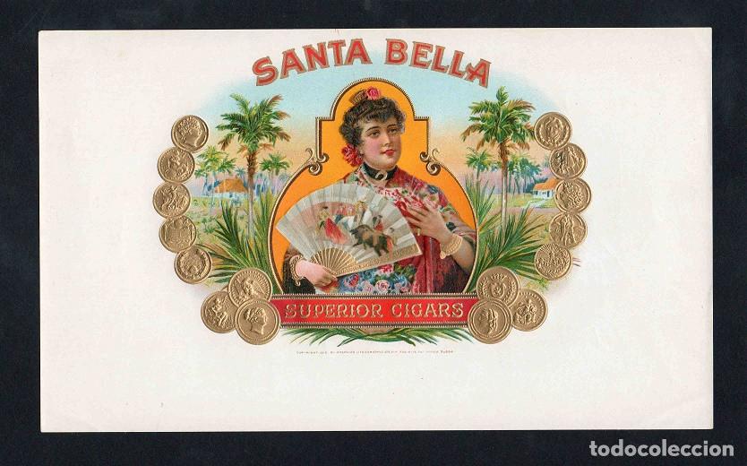 Vitolas de colecci&oacute;n: Vitola, original litograf&iacute;a. Antigua litograf&iacute;a de caja de tabacos. Santa Bella.