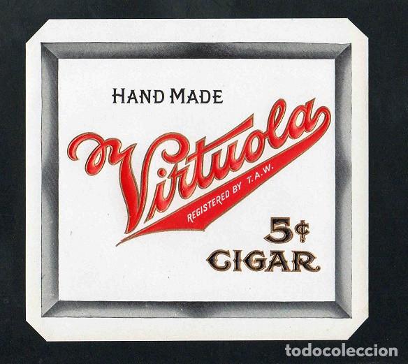 Vitolas de colecci&oacute;n: Vitola, original litograf&iacute;a. Antigua litograf&iacute;a de caja de tabacos. Virtuola.