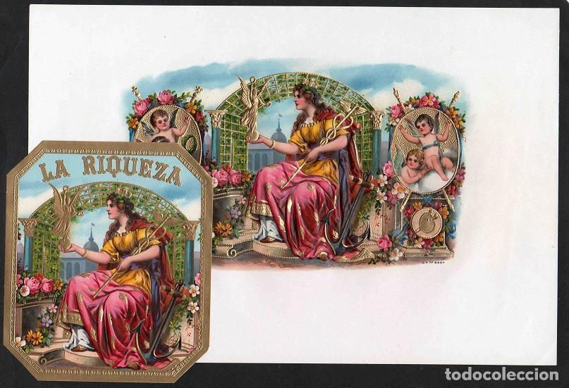 Vitolas de colecci&oacute;n: Vitolas, original litograf&iacute;as. Antiguas litograf&iacute;as de caja de tabacos. La Riqueza.