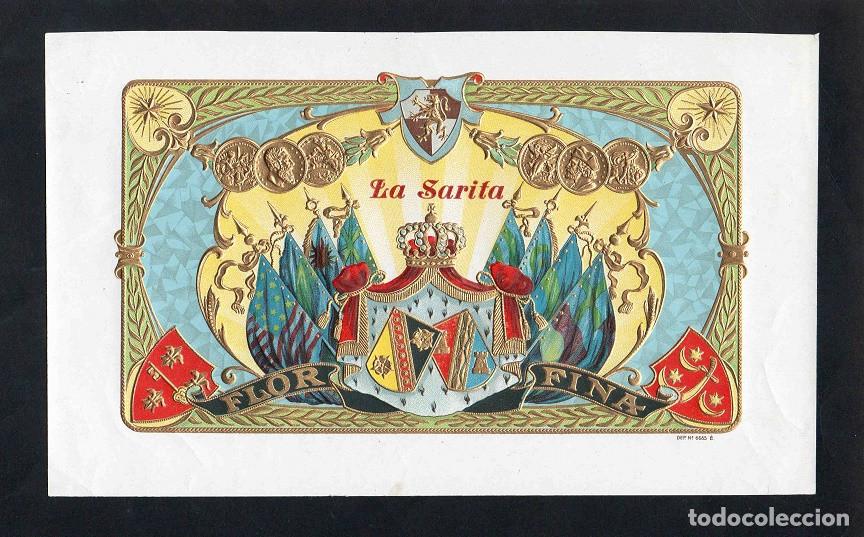 Vitolas de colecci&oacute;n: Vitola, original litograf&iacute;a. Antigua litograf&iacute;a de caja de tabacos. La Sarita (Variante).