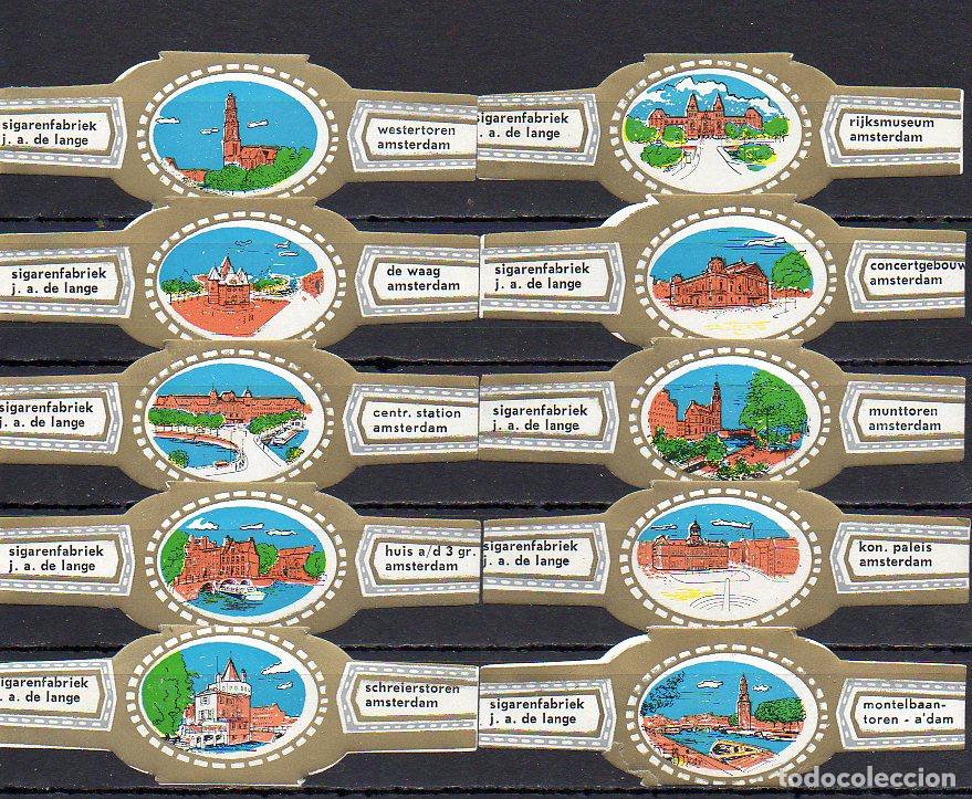 Vitolas de colecci&oacute;n: DE LANGE, MONUMENTOS DE AMSTERDAM, GRIS, 10 VITOLAS, SERIE COMPLETA.