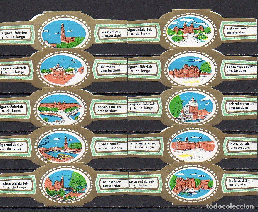 Vitolas de colecci&oacute;n: DE LANGE, MONUMENTOS DE AMSTERDAM, VERDE, 10 VITOLAS, SERIE COMPLETA.