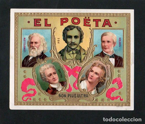 Vitolas de colecci&oacute;n: Vitola, original litograf&iacute;a. Antigua litograf&iacute;a de caja de tabacos. El Poeta.
