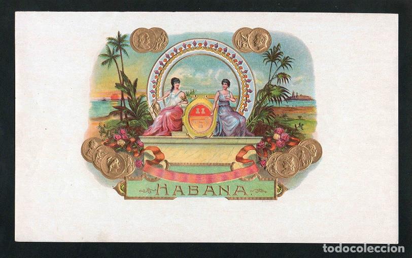 Vitolas de colecci&oacute;n: Vitola, original litograf&iacute;a. Antigua litograf&iacute;a de caja de tabacos. Emblema (Habana).
