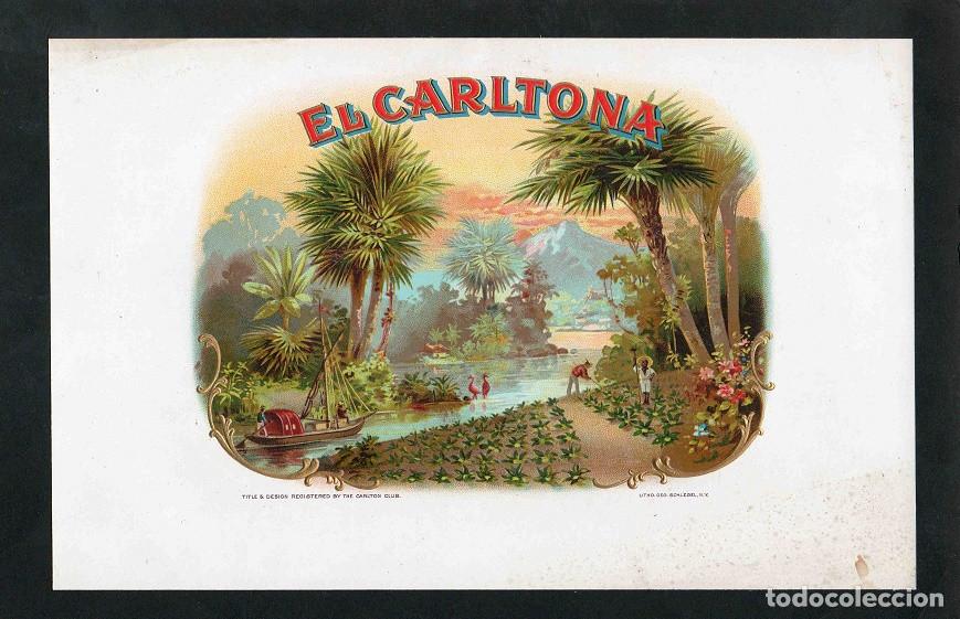 Vitolas de colecci&oacute;n: Vitola, original litograf&iacute;a. Antigua litograf&iacute;a de caja de tabacos. El Carltona.