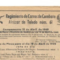 Coleccionismo: SERVICIO DE PLAZA - ORDEN DEL DÍA 18.4.1949. REGIMIENTO CARROS DE COMBATE ALCÁZAR DE TOLEDO NÚM. 61.