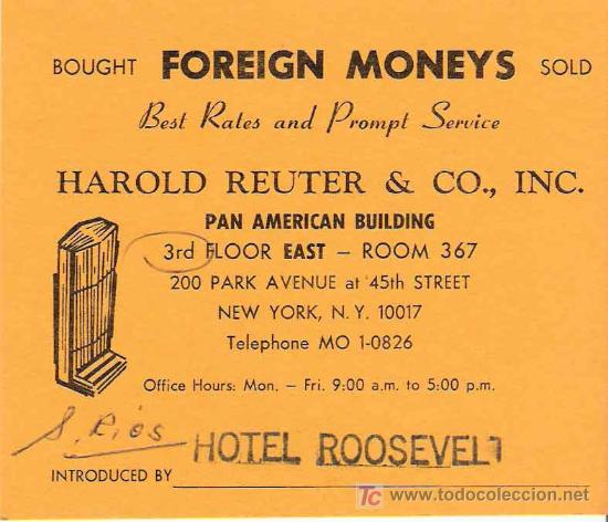 Coleccionismo: Tarjeta de la firma  de cambio de divisas Harold Reuter ( New York)