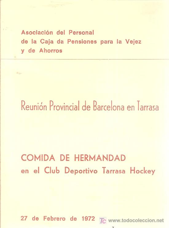 Coleccionismo: Menu Comida Hermandad en el Club deportivo tarrasa Hockey. 1972. 16 x 11 cm.