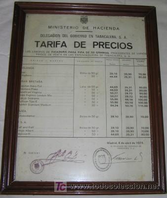 Coleccionismo: TARIFA DE PRECIOS DE TABACO DE 1974