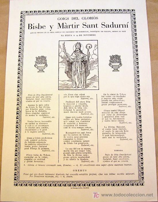 Coleccionismo: Goigs...Bisbe y Martir Sant Sadurni...parroquia de Gallifa, bisbat de Vic. BCN : la Hormiga de Oro.