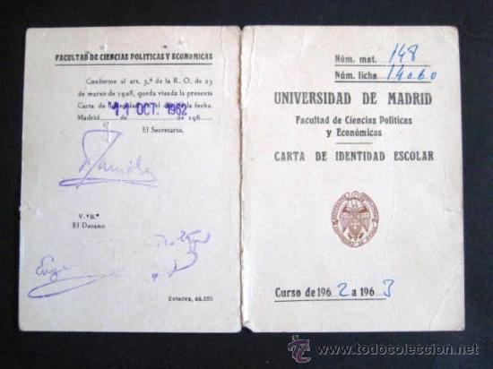Coleccionismo: CARN&Eacute; UNIVERSIDAD DE MADRID. 1962. ENVIO GRATIS&iexcl;&iexcl;&iexcl;