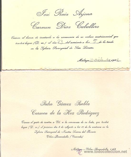 Coleccionismo: DOS TARJETAS DE INVITACION DE BODA A&Ntilde;O 1962. MALAGA. MALAGA -VELEX BENADALLA (GRANADA)