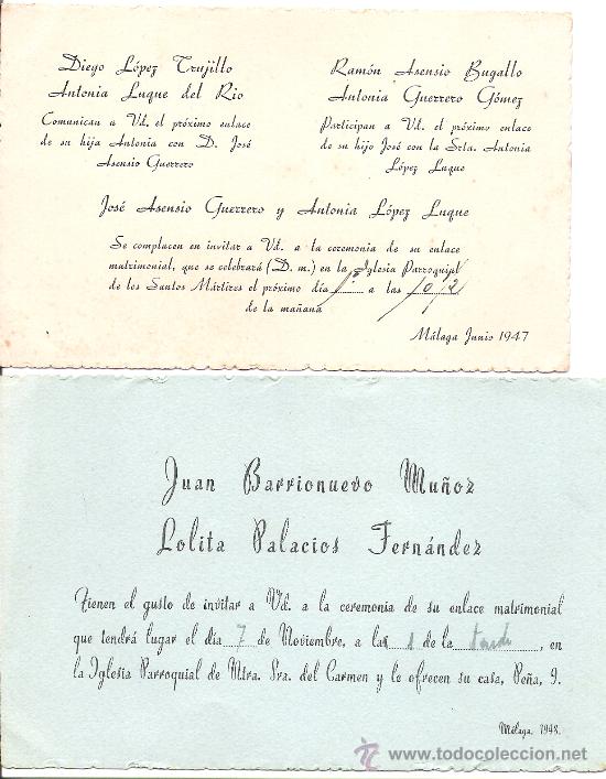 Coleccionismo: INVITACION DE BODA. MALAGA. IGLESIA DE LOS SANTOS MARTIRES, 1947. IGLESIA DEL CARMEN, 1948.