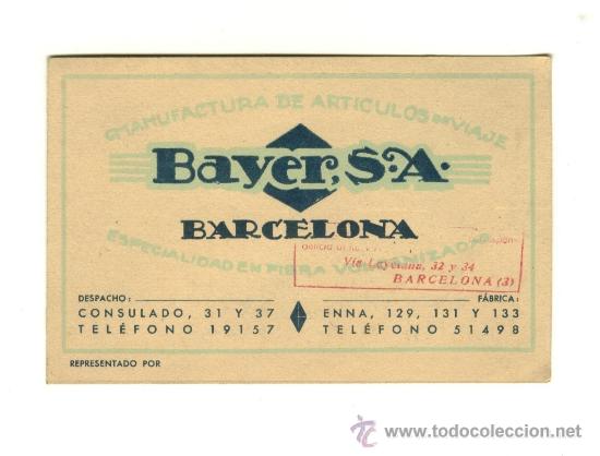 Colecionismo: Tarjeta comercial de Bayer, s.a. Barcelona - articulos de viaje