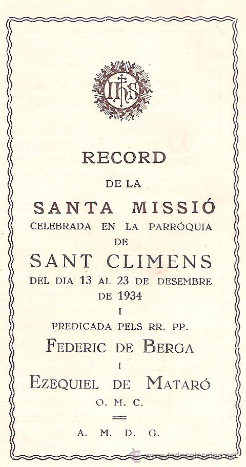 Coleccionismo: RECORD DE LA SANTA MISSI&Oacute;. PARROQUIA DE SANT CLIMENS. 1934. ORACI&Oacute; Y PRACTIQUES CRISTIANES. PARAULES