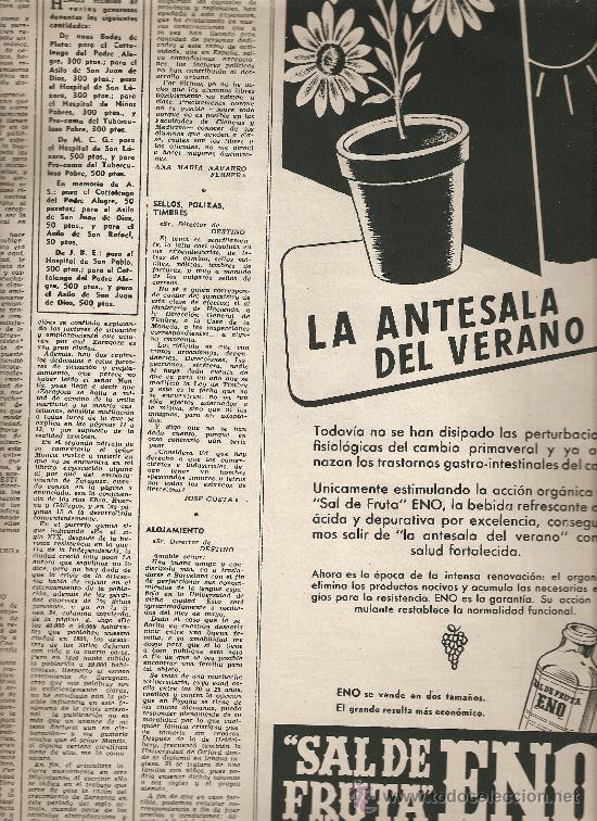 Coleccionismo: HOJA PUBLICIDAD. A&Ntilde;O 1957. SAL DE FRUTA ENO.LABORATORIO FEDERICO BONET.MADRID.