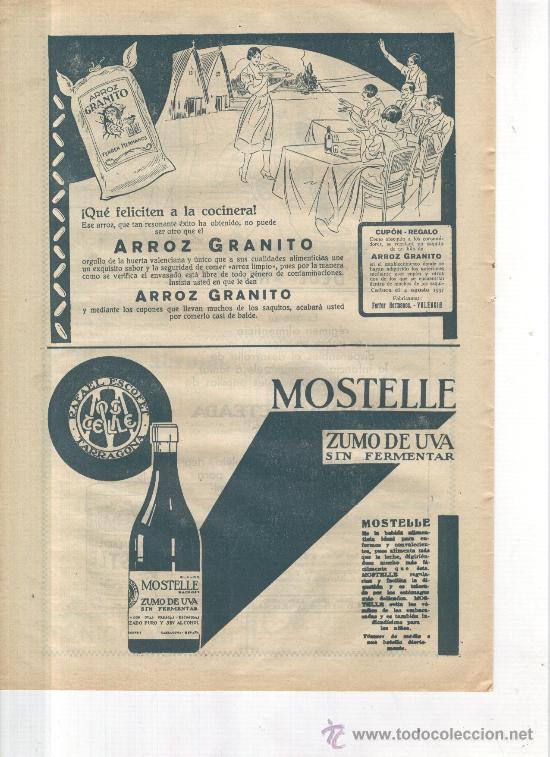 Coleccionismo: RECORTE DE PRENSA A&Ntilde;O 1930 PUBLICIDAD ARROZ GRANITO FERRER VALENCIA MOSTELLE TARRAGONA. ZUMO