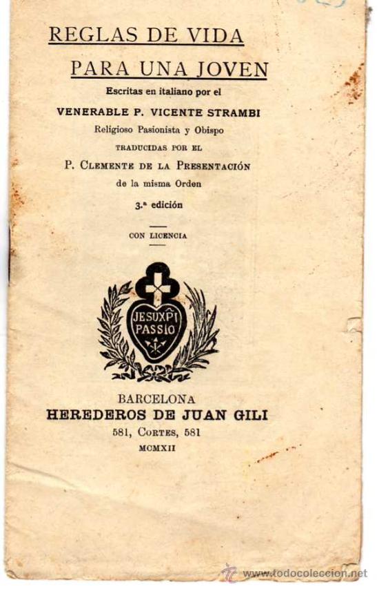 Coleccionismo: REGLAS DE VIDA PARA UNA JOVEN-ESCRITAS POR P.VICENTE STRAMBI-TRADUC.,P.CLEMENTE DE LA PRESENTACION.