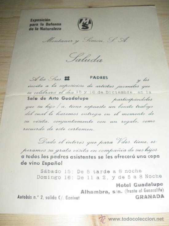 Coleccionismo: INVITACION DE MONTANER Y SIMON A LA EXPOSICION DE JOVENES ARTISTAS. HOTEL GUADALUPE, GRANADA 1979.