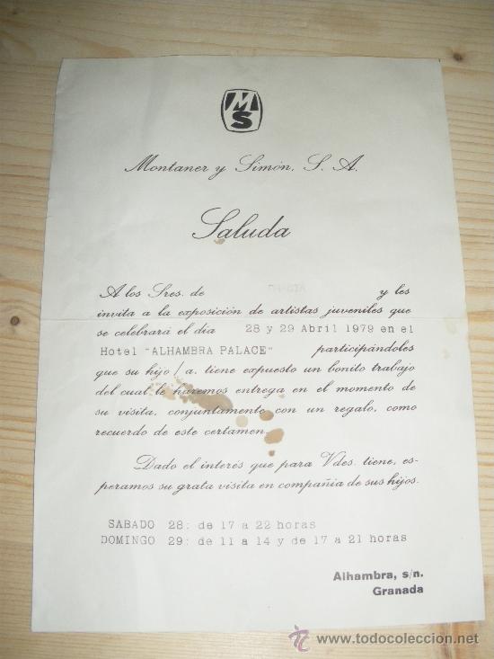 Coleccionismo: INVITACION DE MONTANER Y SIMON A LA EXPOSICION DE JOVENES ARTISTAS. ALHAMBRA PALACE, GRANADA 1979.
