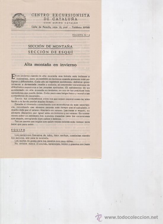 Coleccionismo: CENTRE EXCURSIONISTA DE CATALUNYA. A&Ntilde;O 1950. NORMAS PARA LA ALTA MONTA&Ntilde;A. ESQUI.