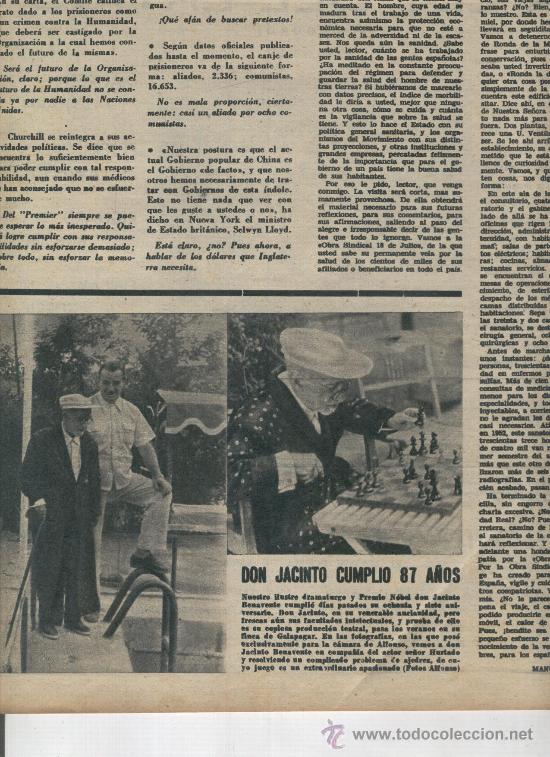 Coleccionismo: RECORTE DE PRENSA. A&Ntilde;O 1953. JACINTO BENAVENTE CUMPLIO 87 A&Ntilde;OS.PREMIO NOBEL. GALAPAGAR.