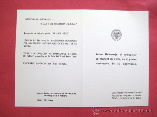 Coleccionismo: ACTOS HOMENAJE CENTENARIO MANUEL DE FALLA. 1975. . ENVIO GRATIS&iexcl;&iexcl;&iexcl; - Foto 1