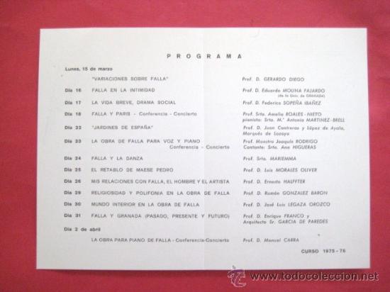 Coleccionismo: ACTOS HOMENAJE CENTENARIO MANUEL DE FALLA. 1975. . ENVIO GRATIS&iexcl;&iexcl;&iexcl; - Foto 2