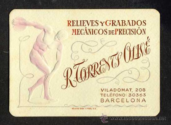 Coleccionismo: Tarjeta comercial modernista y en relieve de R.Torrents Oliv&eacute;, relieves y grabados, de Barcelona