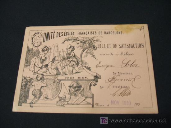 Collectionnisme: TARJETA COMITE DE ESCUELAS FRANCESAS DE BARCELONA - NOVIEMBRE 1910