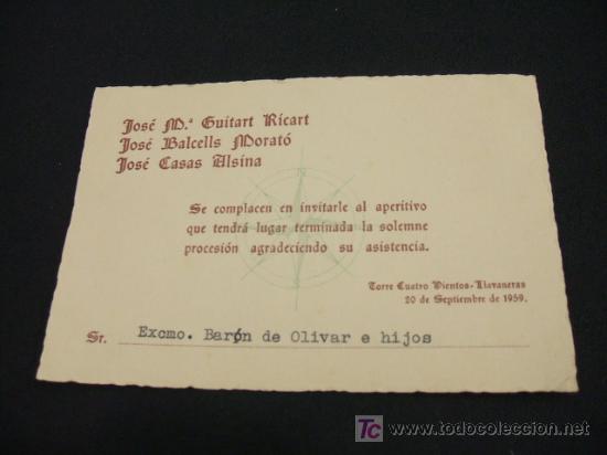 Sammelleidenschaft Papier: TARJETA DE INVITACION PARA EL EXCMO. BARON DE OLIVAR E HIJOS  - 20 SEPTIEMBRE 1.959