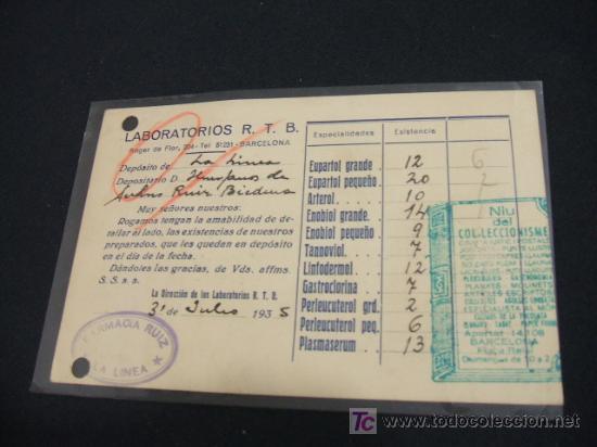 Collectionnisme: IMPRESOS - LABORATORIOS R.T.B. - A&Ntilde;O 1.935 - ROGER DE FLOR, 204 - BARCELONA -