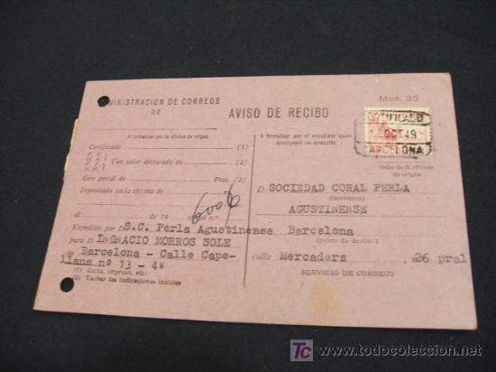 Collectionnisme: IMPRESO - ADMINISTRACION DE CORREOS - AVISO DE RECIBO - OCTUBRE 1.949 -