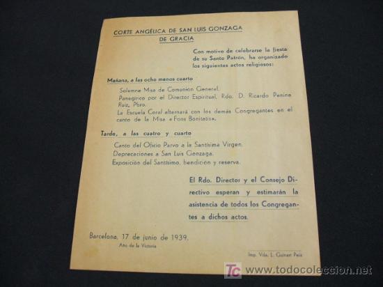 Colecionismo: PROGRAMA CORTE ANGELICA DE SAN LUIS GONZAGA DE GRACIA - 17 JUNIO 1.939 -