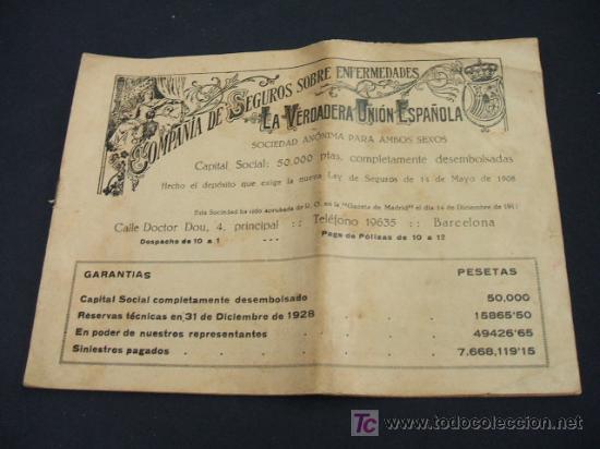 Collectionnisme: LIBRITO - COMPA&Ntilde;IA DE SEGUROS SOBRE ENFERMEDADES - LA VERDADERA UNION ESPA&Ntilde;OLA - APROX. A&Ntilde;OS 1920