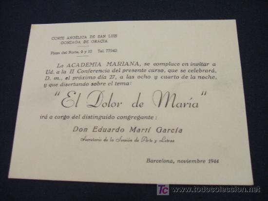 Coleccionismo: CORTE ANGELICA DE SAN LUIS GONZAGA DE GRACIA - INVITACION A LA II CONFERENCIA DEL PRESENTE CURSO -