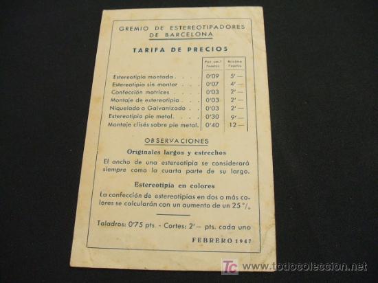 Collecting paper: TARIFA DE PRECIOS - GREMIO DE ESTEREOTIPADORES DE BARCELONA -