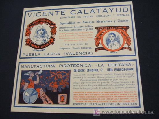 Collectionnisme: TARJETA PUBLICITARIA - VICENTE CALATAYUD, MANUFACTURA PIROTECNICA LA EDETANA,