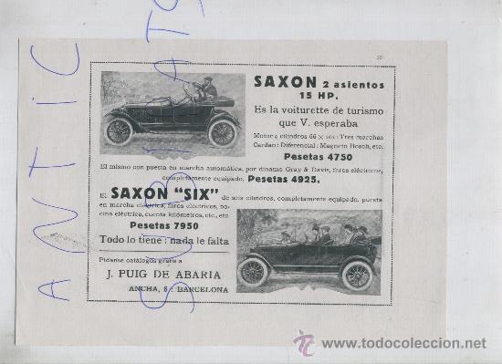 Sammelleidenschaft Papier: RECORTE DE PRENSA. A&Ntilde;O 1916. AUTOMOVIL. COCHE. ANTIGUO. SAXON. SIX. PUIG DE ABARIA. 3 MARCHAS.