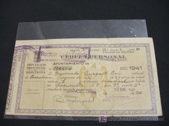 Collectionnisme: CEDULA PERSONAL - RENOVACION DE TARJETA - RECARGO DE SOLTERA - A&Ntilde;O 1942