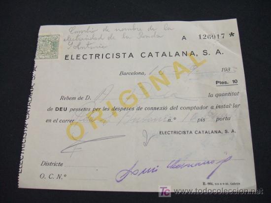 Colecionismo: RECIBO - ELECTRICISTA CATALANA S.A. - A&Ntilde;O 1933 -