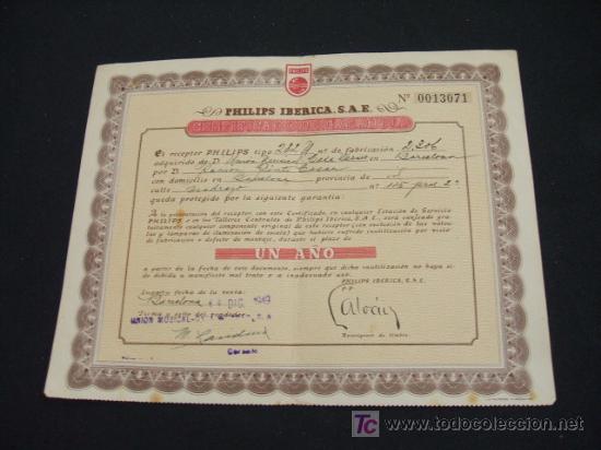 Collectionnisme: PHILIPS IBERICA - CERTIFICADO DE GARANTIA - A&Ntilde;O 1.949 -