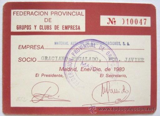 Coleccionismo: CARN&Eacute; FEDERACION PROVINCIAL GRUPOS Y CLUBS DE EMPRESA. 1980.ENVIO GRATIS&iexcl;&iexcl;&iexcl;
