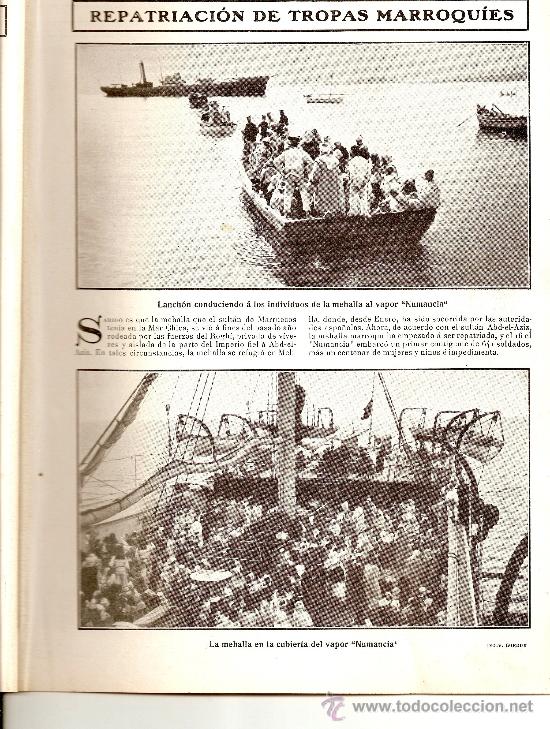 Colecionismo: HOJA REPORTAJE A&Ntilde;O 1908 MELILLA REPATRIACION TROPAS MARROQUIES MEHALLA VAPOR NUMANCIA