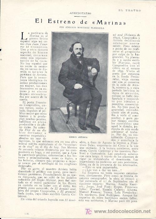 Coleccionismo: * ZARZUELA * El estreno de Marina [Emilio Arrieta] / por Augusto Mart&iacute;nez Olmedilla - 1927