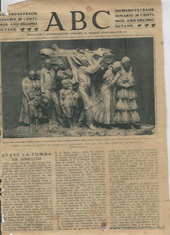 Coleccionismo: RECORTE DE PRENSA. ABC. A&Ntilde;OS 30. BENLLIURE. MAUSOLEO DE JOSELITO. TORERO. TOROS.