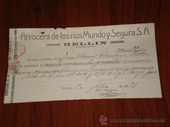 Coleccionismo: RECIB&Iacute; EMITIDO POR ( ARROCERA DE LOS RIOS MUNDO Y SEGURA S.A ) POR VALOR DE 154 PESETAS . A&Ntilde;O 1921 .
