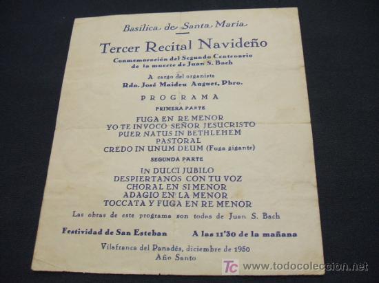 Coleccionismo: BASILICA STA. MARIA - TERCER RECITAL NAVIDE&Ntilde;O CONMEMORACION SEGUNDO CENTENARIO MUERTE JUAN S. BACH -