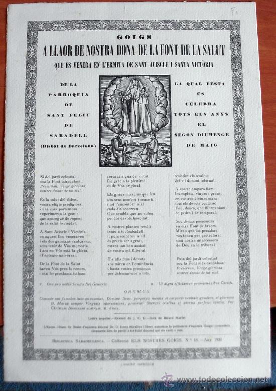 Coleccionismo: GOIGS A LLAOR DE NOSTRA DONA DE LA FONT DE LA SALUT - SANT FELIU DE SABADELL - 1930