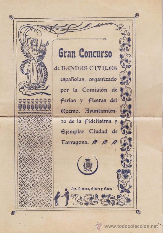 Collezionismo: programa / bases- gran concurso bandas civiles - fiestas s. magin / magi - tarragona -a&ntilde;o 1904